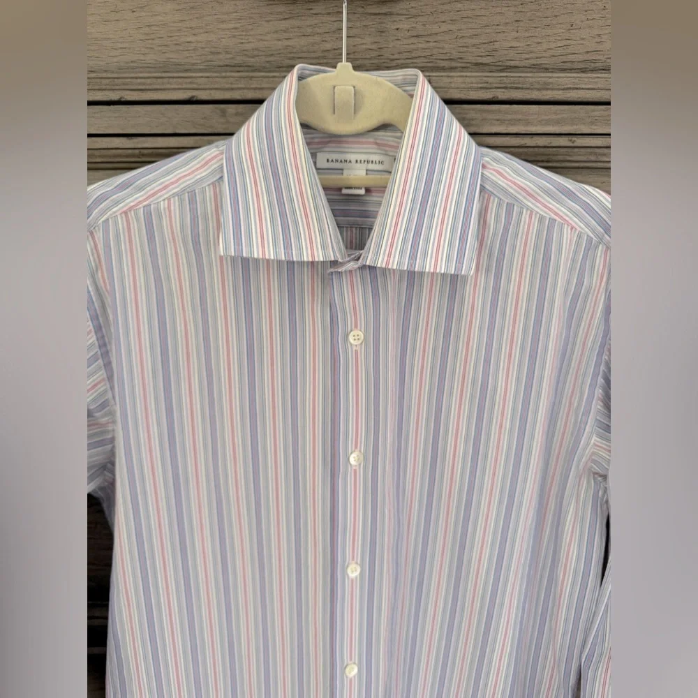 Banana Republic Striped Collared Button Down EUC White Blue Pink Dress S…